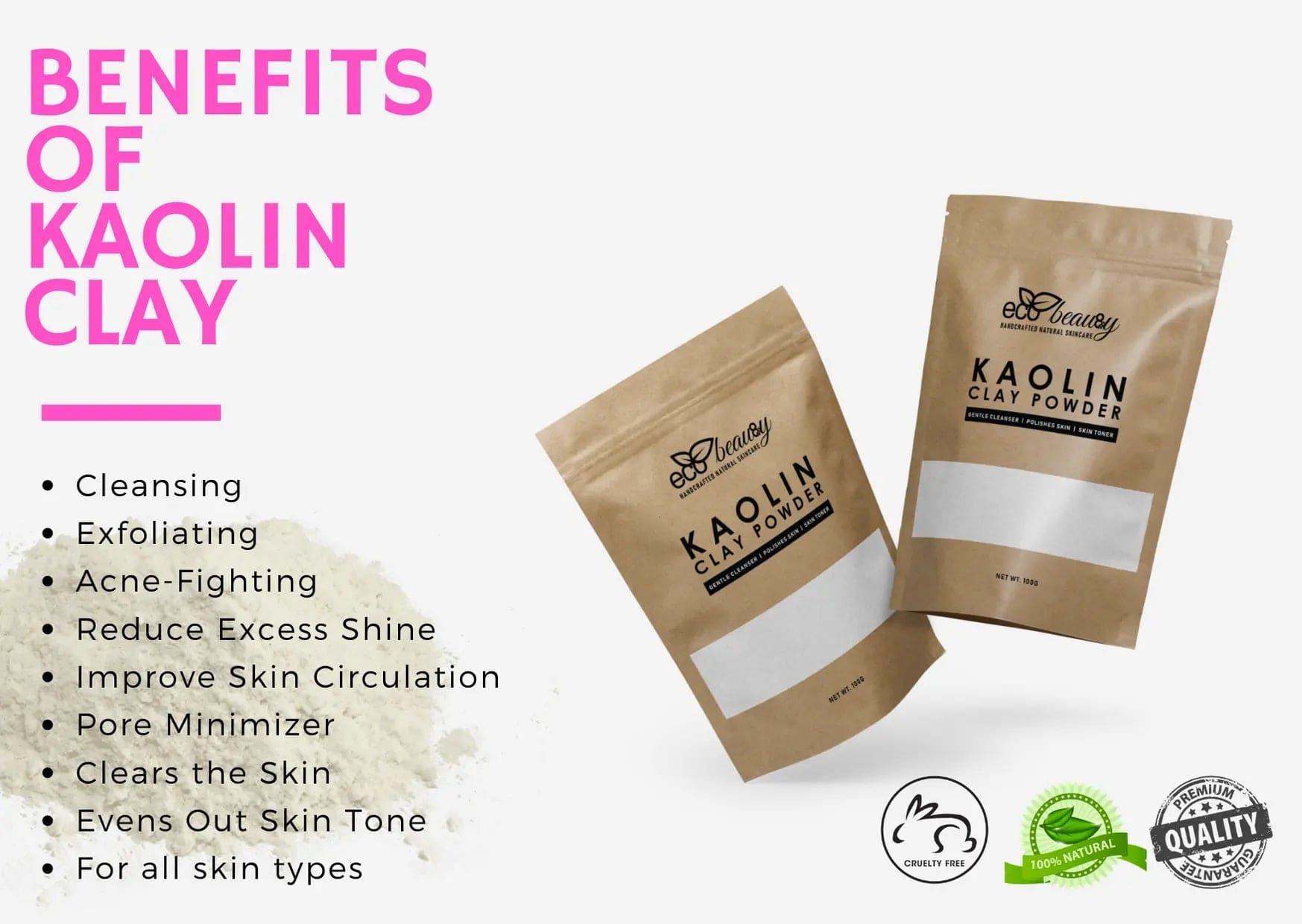 Kaolin Mineral Clay Powder for Face & Hair Masks - 100g ecobeau8y